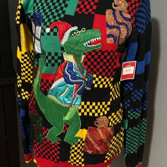 Holiday Time Ugly Christmas Sweater Womens S Dinosaur Red Black Sequins NWT - Picture 2 of 9